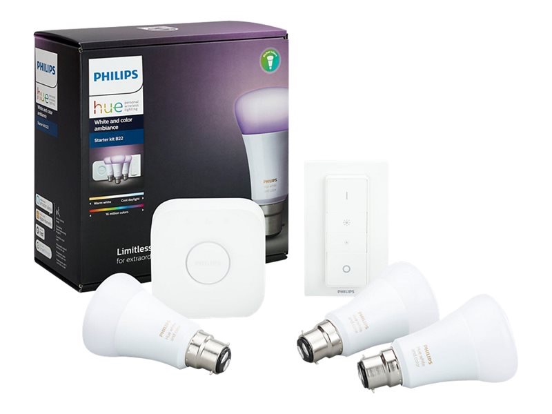 Philips Hue Starter Kit: 3 B22 Bulbs - Hue Bridge - Dimmer switch